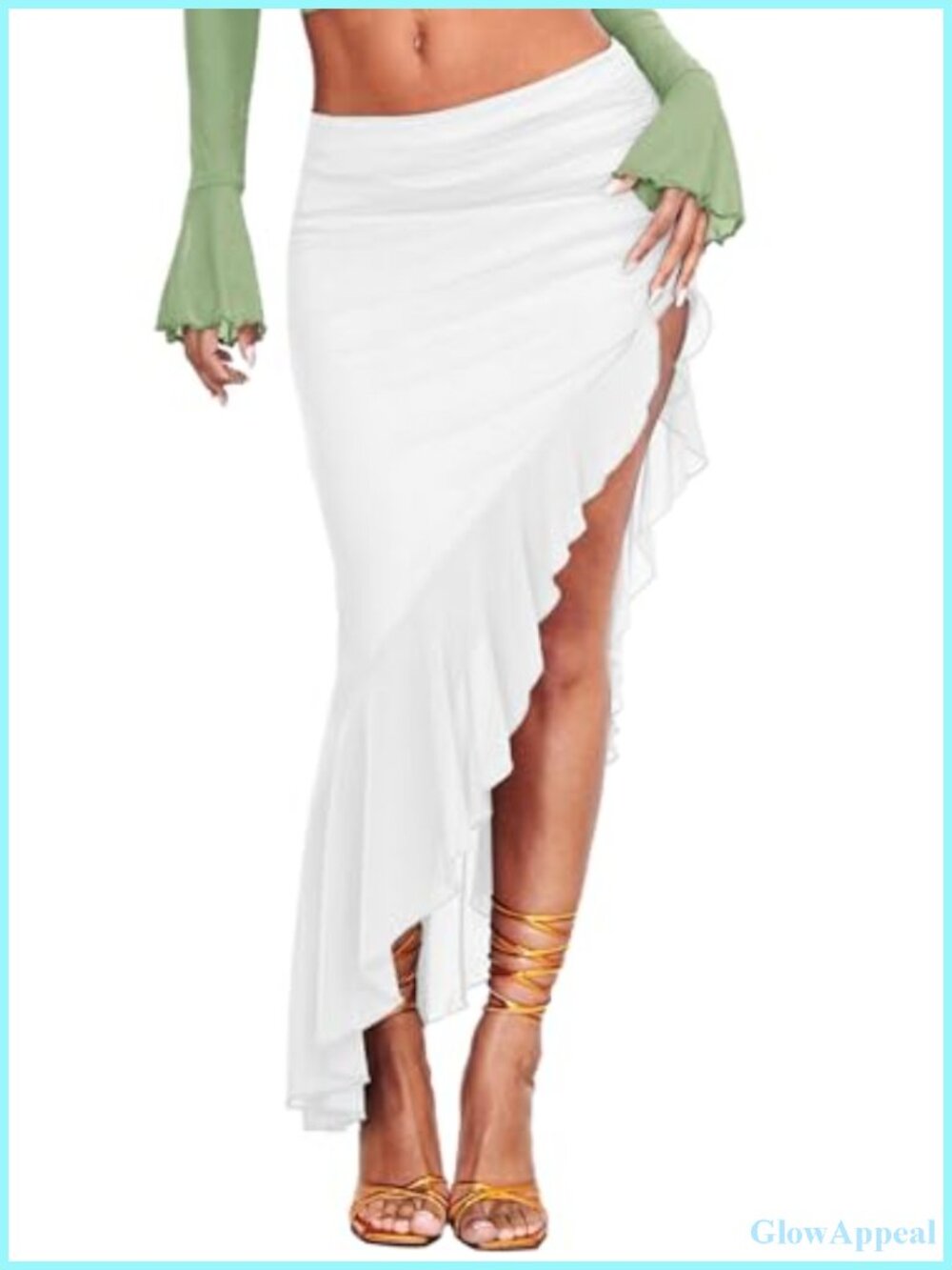 High Waisted Asymmetrical Ruched Mesh Flowy Ruffle Trim Midi Skirt